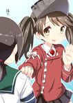  :d absurdres brown_eyes brown_hair commentary_request fubuki_(kantai_collection) hand_on_another's_shoulder highres japanese_clothes kantai_collection kariginu long_hair low_ponytail magatama multiple_girls open_mouth pleated_skirt ryuki_(ryukisukune) ryuujou_(kantai_collection) school_uniform serafuku skirt smile translated twintails visor_cap 