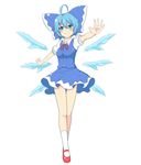  ahoge blue_dress blue_eyes blue_hair blush bow breasts cirno collared_shirt dress full_body hair_between_eyes hair_bow hair_ribbon highres ice ice_wings large_bow legs looking_at_viewer mary_janes medium_breasts miniskirt outstretched_arms red_footwear ribbon shirt shoes short_hair simple_background skirt smile socks solo thigh_gap touhou vest wade white_background white_legwear wings 