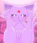  2014 3sthrees abstract_background anus blush canine eeveelution espeon female feral fur legs_up looking_at_viewer lying mammal nintendo pok&eacute;mon presenting pussy solo video_games 