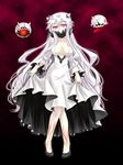  breasts cleavage covered_mouth dress dress_lift highres horns kantai_collection kiryu264 large_breasts long_hair looking_at_viewer midway_hime pink_eyes shinkaisei-kan solo veins very_long_hair white_dress white_hair white_skin 