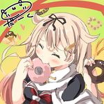  ^_^ blonde_hair closed_eyes darkside doughnut eating food hair_flaps hair_ornament hairclip kantai_collection long_hair neckerchief remodel_(kantai_collection) scarf smile solo upper_body yuudachi_(kantai_collection) 