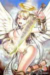  angel angel_wings blonde_hair breasts cloud company_name halo kumio34 large_breasts long_hair official_art open_mouth sky solo soukoku_no_regalia sword underboob weapon wings yellow_eyes 