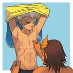  blush brown_eyes brown_hair gouenji_shuuya hijikata_raiden inazuma_eleven inazuma_eleven_(series) male_focus multicolored_hair multiple_boys muscle navel nikism orange_hair shirt_lift smile torso_grab white_hair 