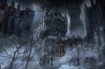  bloodborne building castle highres hunter_(bloodborne) icicle snow solo statue 