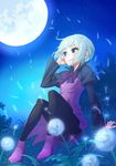  blue_eyes dandelion dress flower gundam gundam_build_fighters gundam_build_fighters_try kijima_shia m_george moon night pantyhose short_hair silver_hair sitting smile solo 