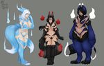  animal_ears black_hair blue_lips breasts canine female fox green_eyes hair lips looking_at_viewer mammal multiple_tails pasties ponytail red_eyes thick_thighs white_hair wide_hips witchofavalon 