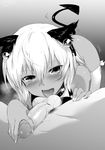  1girl bad_id bad_twitter_id black_rock_shooter breath demon_tail fellatio greyscale hair_ornament hetero kneeling lying m-da_s-tarou male_pubic_hair monochrome on_back open_mouth oral penis pubic_hair short_hair strength_(black_rock_shooter) tail tears testicles thighhighs tongue tongue_out tsurime uncensored white_legwear 