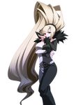  big_hair black_eyes blonde_hair breasts cleavage dress french-bread fur_trim heterochromia high_ponytail highres hilda_(under_night_in-birth) large_breasts lipstick long_hair long_sleeves makeup official_art ojou-sama_pose purple_lipstick red_eyes sneer solo transparent_background under_night_in-birth very_long_hair yoshihara_seiichi 