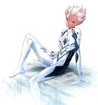  ayanami_rei ayanami_rei_(cosplay) bodysuit brown_eyes commentary cosplay full_body garamgum gouenji_shuuya inazuma_eleven inazuma_eleven_(series) male_focus neon_genesis_evangelion plugsuit solo white_bodysuit white_hair 