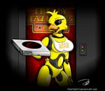  animatronic anthro avian bird chica_(fnaf) chicken female five_nights_at_freddy&#039;s food looking_at_viewer machine mechanical open_mouth purple_eyes robot signature smile solo teeth text thefishe77 
