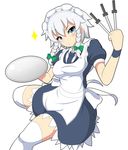  apron blue_eyes blush braid breasts collared_shirt dress highres holding holding_knife izayoi_sakuya knife knives_between_fingers maid maid_apron maid_headdress medium_breasts necktie shirt short_hair silver_hair solo thighhighs touhou tray tsurime twin_braids wade waist_apron white_legwear wristband zettai_ryouiki 