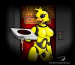  animatronic anthro areola avian bird breasts chica_(fnaf) chicken female five_nights_at_freddy&#039;s food looking_at_viewer machine mechanical nipples open_mouth purple_eyes pussy robot signature smile solo teeth text thefishe77 