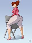  anthro big_butt breasts brown_hair butt canine chair clothed clothing disney ear_piercing female goof_troop hair high_heels huge_butt krocialblack looking_at_viewer looking_back mammal milf mother parent peg_pete piercing smile solo sweater thick_thighs 