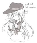  cup hat hibiki_(kantai_collection) kantai_collection long_hair lowell_(ouranoss2kanata) monochrome mug school_uniform serafuku solo translated 