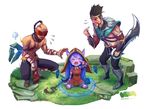  2boys chan_qi_(fireworkhouse) closed_eyes commentary crying draven flying_sweatdrops league_of_legends lee_sin lulu_(league_of_legends) multiple_boys simple_background smile staff tears white_background 