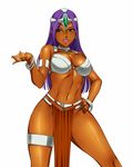  armlet bracelet breasts choker circlet dark_skin dragon_quest dragon_quest_iv earrings hand_on_hip jewelry large_breasts lips lipstick loincloth long_hair makeup manya matoyama navel parted_lips pelvic_curtain purple_hair simple_background solo thigh_strap white_background 