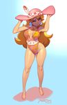  barefoot blonde_hair blue_background blue_eyes breasts center_opening contrapposto earrings full_body hat highleg highleg_swimsuit jewelry long_hair looking_at_viewer mario_(series) medium_breasts necklace one-piece_swimsuit one_eye_closed princess_peach robert_porter simple_background smile solo standing super_mario_bros. swimsuit tan tanline 