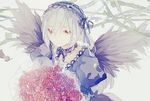  black_wings bouquet choker flower gothic_lolita hairband holding lolita_fashion lolita_hairband long_hair puffy_sleeves red_eyes rozen_maiden silver_hair solo suigintou upper_body wings xiaohan6th 