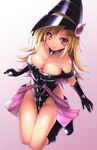  bare_shoulders black_gloves blonde_hair blush blush_stickers boots breasts cleavage detached_collar duel_monster gloves hat highres large_breasts lips long_hair looking_at_viewer magi_magi_magician_gal no_panties purple_eyes smile solo xayux yuu-gi-ou yuu-gi-ou_zexal 