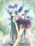  alternate_hair_length alternate_hairstyle arm_ribbon bare_legs blue_eyes blue_hair bow breasts bug butterfly cirno collarbone flower hair_bow hand_on_hip hand_on_own_knee highres insect leaning_forward long_hair looking_at_viewer medium_breasts older ribbon short_sleeves smile solo tauta_(meshia8787) touhou very_long_hair water wings 