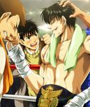  aoki_masaru belt black_hair blood brown_eyes brown_hair bruise championship_belt good_end hajime_no_ippo happy hideo_(hideo390) highres injury kimura_tatsuya makunouchi_ippo male_focus multiple_boys smile 