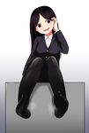  black_hair blazer brown_eyes feet gagajya grin jacket long_hair original pantyhose school_uniform sitting smell smile soles solo toes 