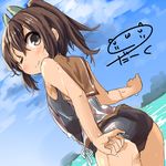  blue_swimsuit blush brown_eyes brown_hair darkside i-401_(kantai_collection) kantai_collection long_hair looking_at_viewer one-piece_swimsuit one_eye_closed ponytail smile solo swimsuit wet 