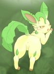  2014 3sthrees anus blush bow canine eeveelution female feral fur half-closed_eyes leafeon looking_at_viewer mammal nintendo open_mouth pok&eacute;mon presenting pussy solo teeth video_games 