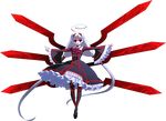  absurdly_long_hair ahoge black_legwear dress empty_eyes expressionless forehead_jewel french-bread frilled_dress frilled_sleeves frills full_body glowing hair_ornament highres huge_ahoge long_hair long_sleeves looking_at_viewer low_twintails mary_janes official_art pantyhose red_eyes shoes solo transparent_background twintails under_night_in-birth vatista very_long_hair white_hair wings yoshihara_seiichi 
