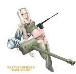  aqua_eyes belt blonde_hair cannon character_name crop_top cutoffs gun hand_on_hip long_hair m4_sherman_(personification) machine_gun midriff nano navel open_fly original personification short_shorts shorts simple_background sleeves_folded_up solo unzipped weapon white_background world_war_ii 