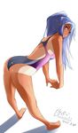  aoki_hagane_no_arpeggio ass bad_id bad_pixiv_id barefoot bent_over blue_eyes blue_hair competition_swimsuit dated highres interlocked_fingers long_hair looking_back one-piece_swimsuit one-piece_tan ponytail sakuraidai swimsuit takao_(aoki_hagane_no_arpeggio) tan tanline 
