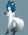  black_fur blue_eyes blue_hair blush canine clothing cub female fox fur hair laine mammal panties pawpads paws pussy rear_view simple_background solo striped_panties underwear white_fur young 