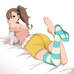  ass bare_shoulders brown_hair butterfly_hair_ornament chousoku_henkei_gyrozetter feet gagajya green_eyes hair_ornament inaba_rinne looking_at_viewer looking_back lying on_stomach shorts side_ponytail single_thighhigh solo thighhighs toes 