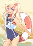  blonde_hair blue_eyes crop_top dd139 flower hair_flower hair_ornament highres kantai_collection lifebuoy long_hair one-piece_swimsuit ro-500_(kantai_collection) sailor_collar school_swimsuit solo standing swimsuit swimsuit_under_clothes tan tanline 