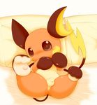  2015 anus balls bed blush butt feral flaccid looking_at_viewer lying male nintendo on_back on_bed pawpads paws penis pillow playful pok&eacute;mon raichu saliva schnecken solo tongue tongue_out uncut video_games 