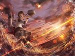  cloud dutch_angle firing fubuki_(kantai_collection) horizon kantai_collection lens_flare lif long_hair machinery ocean open_mouth ponytail remodel_(kantai_collection) school_uniform serafuku skirt sky smoke smokestack solo sunset water waves 