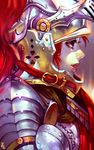  armor breastplate buckle eyelashes filigree helmet highres knight lips looking_to_the_side open_mouth original paladin pale_skin plate_armor red_eyes red_hair red_lips shoulder_armor smile solo spaulders visor_(armor) zudarts_lee 