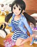  :d bag black_hair blush bracelet brown_eyes dress earrings holding idolmaster idolmaster_cinderella_girls jewelry long_hair looking_at_viewer nakano_yuka necklace no_socks open_mouth smile solo_focus striped striped_dress twintails 