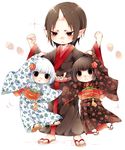  2girls :&lt; arm_grab black_eyes brown_hair chibi floral_print flower full_body hair_flower hair_ornament highres hoozuki_(hoozuki_no_reitetsu) hoozuki_no_reitetsu horn ichiko_(hoozuki_no_reitetsu) japanese_clothes kimono long_sleeves multiple_girls niko_(hoozuki_no_reitetsu) niwako obi oni pointy_ears sandals sash short_hair simple_background tassel white_background white_hair wide_sleeves 