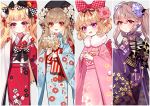 4girls :d ahoge bangs baocaizi beret black_bow black_hat black_nails blonde_hair blue_flower blue_kimono blush bow brown_flower brown_hair brown_rose checkered checkered_bow commentary_request earrings eyebrows_visible_through_hair fingernails floral_print flower flower_earrings food_themed_hair_ornament fur_collar grey_background hair_between_eyes hair_bobbles hair_bow hair_flower hair_ornament hand_up hat head_tilt highres holding holding_flower japanese_clothes jewelry kimono light_brown_hair long_hair long_sleeves looking_at_viewer looking_to_the_side multicolored multicolored_nails multiple_girls nail_polish obi open_mouth original parted_lips pinching_sleeves pink_bow pink_flower pink_kimono print_kimono purple_eyes purple_flower purple_kimono purple_nails red_eyes red_flower red_kimono red_nails round_teeth sash sleeves_past_wrists smile strawberry_hair_ornament teeth twintails upper_teeth very_long_hair white_flower white_legwear wide_sleeves 
