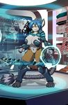  able animal_ears anthro armor big_breasts blue_eyes blue_hair breasts canine clothed clothing dracojeff female fox hair hologram mammal map skimpy text 