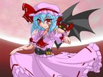  ascot belt biting blue_hair bonnet crossover dress henshin henshin_pose kamen_rider kamen_rider_dark_kiva kamen_rider_kiva_(series) kivat-bat_ii markings nail_polish parody pink_dress pose red_eyes red_nails remilia_scarlet tattoo touhou tsukushi_(741789) wings 