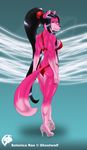  anthro athletic bikini black_hair black_nose breasts butt canine claws clothing female fur ghostwolf hair high_heels long_hair looking_at_viewer mammal pawpads paws pink_fur pinup pose selenica_rae smile solo standing swimsuit tight_clothing wolf 