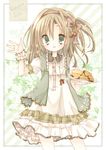  :d blush cherry dress food frilled_dress frills fruit green_eyes hair_ribbon kohinata_raichi light_brown_hair long_hair looking_at_viewer one_side_up open_mouth original pancake plate puffy_short_sleeves puffy_sleeves ribbon short_sleeves smile solo waving wrist_cuffs 