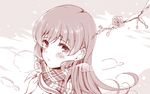  blush branch breath flower footprints from_above kantai_collection komi_zumiko long_hair looking_at_viewer monochrome ooi_(kantai_collection) scarf school_uniform snow solo winter winter_clothes 