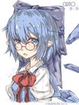  1girl bangs bespectacled blue_eyes blue_hair blue_ribbon brooch character_name cirno collared_shirt fang glasses hair_ribbon ice ice_wings jewelry looking_at_viewer lyu pointy_ears red_ribbon ribbon shirt short_hair signature simple_background solo touhou white_background wings 
