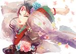  arms_up black_hair bracelet chinese_clothes facial_mark floral_print flower flower_in_mouth hair_flower hair_ornament hakutaku_(hoozuki_no_reitetsu) hanfu hoozuki_no_reitetsu ihiro jewelry long_sleeves looking_at_viewer male_focus mouth_hold upper_body wide_sleeves wind yellow_eyes 