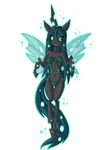  2015 animal_ears anthro anthrofied bikini black_skin blue_fur blue_hair breasts changeling clothed clothing digital_media_(artwork) female friendship_is_magic fur green_eyes hair hi_res holes horn my_little_pony navel open_mouth plain_background pose queen queen_chrysalis_(mlp) raptor007 royalty skimpy smile solo swimsuit teeth wings 