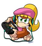  5_toes barefoot blonde_hair brown_fur clothing controller dixie_kong donkey_kong_(series) female fur green_eyes hair hat headphones long_hair mammal monkey nintendo plain_background ponytail primate rongs1234 signature sitting soles solo toes tongue tongue_out video_games wii_u 
