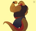  belt black_shirt black_tank_top clothed clothing dragon jeans male muscles overweight reptile scalie shirt smile solo tank_top 